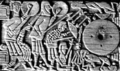 Warriors fighting in the Hall - fr. detail of Franks Casket lid [Ægil panel]